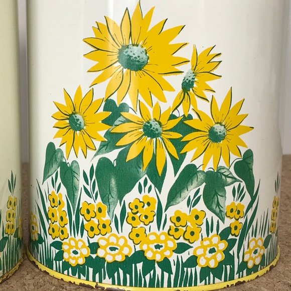 Vintage Tin Canister Set Yellow Flowers Kitchen - Picture 9 of 13
